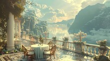 A Painting Of A Table And Chairs On A Balcony Overlooking A Lake And Mountains