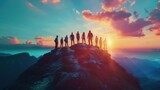 Fototapeta Natura - Several people climbing on a mountain summit at sunset created with Generative AI