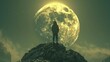 Surreal night scene with a person standing on a cliff under a giant moon