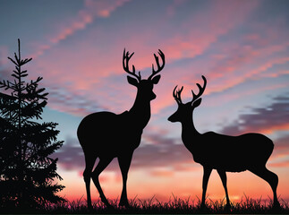 Canvas Print - two deers at pink sunset illustration