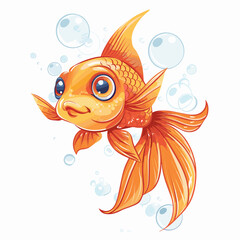 Wall Mural - Illustration of a cute yellow fish on a white background with bubbles