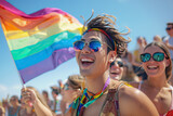 Fototapeta  - Young adult man smile celebrating LGBTQ Pride Parade with friends. Generative AI.