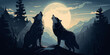  A pair of wolves howling together under a full moon, their haunting melodies and intertwined silhouettes evoking a sense of wild, untamed love.
