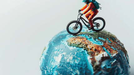 Wall Mural - World bicycle day concept International holiday june 3, a rider sportsman on bicycle with earth globe art , background, banner, card, poster with text space