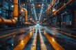 © Larisa AI - A dramatic nighttime scene captures wet floors and pipes in an industrial plant with vivid lighting