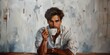 Handsome man with cup of coffee. Oil painting generated using artificial intelligence.  Good for interior decoration.