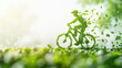 © Mahnoor - World bicycle day concept International holiday june 3, Green bicycle and man silhouette made up of leaves. Environment preserve. white background, banner, card, poster with text space