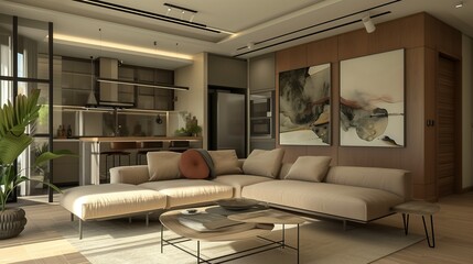 Wall Mural - Stylish studio apartment interior with comfortable beige sofa