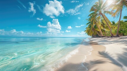 Wall Mural - A serene tropical beach with crystal-clear water, white sand, and palm trees under a sunny blue sky, perfect for relaxation