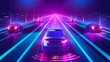 The Driverless cars for future adaptive cruise control and smart transportation technology in night neon light.