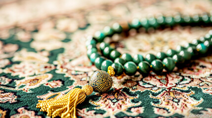 Wall Mural - close up of green beaded rosary with golden tassel on top laying on arabic carpet, shallow depth or field, warm tones