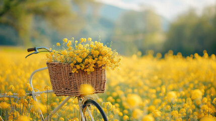 Wall Mural - World bicycle day concept International holiday june 3, bicycle with basket in yellow mustard flowers Environment preserve. blur nature background, banner, card, poster with text space