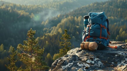 Wall Mural - Close-up of a hiking backpack and gear equipment arranged on a rocky outcrop overlooking the forest below