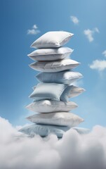 Wall Mural - A creative photo featuring a tall stack of white and blue pillows set against a bright blue sky, with fluffy white clouds at the base, giving a dreamlike quality..