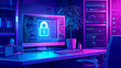 Black background, desktop computer with lock symbol on the screen, purple and blue lighting effects,