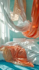 Wall Mural - A surreal bedroom scene with white bedding and peach-colored fabrics caught in a gentle dance with the morning sunlight...