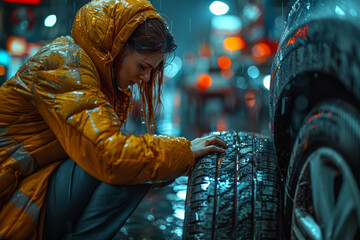 Wall Mural - A kind gesture of helping a stranger change a flat tire, offering assistance and kindness in a time of need. Concept of random acts of kindness. Generative Ai.