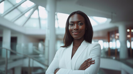 Woman director in office, businesswoman portrait of black woman looking at camera with arms crossed. Company CEO chief woman portrait, businesswoman director with confident positive smile in office