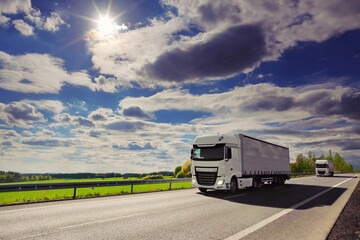 Wall Mural - Cargo truck driving through landscape at sunset