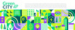 Green city horizontal banner in geometric flat style. Ecology,sustainable poster,flyer with symbols of solar panels, wind turbines-eco, green energy concept.Smart future lifestyle.Vector illustration
