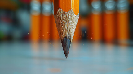 Wall Mural - Close-up of an orange pencil on a white surface. The concept of the beginning of the school year.