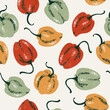Various color habanero peppers seamless pattern. Hot pepper background. 