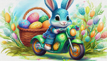 OIL PAINTING STYLE CARTOON CHARACTER CUTE Baby BLUE RABBIT Ride Stylish Green Cross Motorcycle Isolated