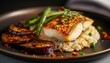A Perfectly Grilled Cod Loin Seasoned With Herbs, on Top of Risotto, Paired With Green Beans and Roasted Eggplant Slices