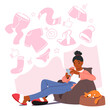 Woman Browses Through An Array Of Stylish Clothes Online. Female Character Selecting Chic Outfits, Vector Illustration