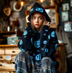 Wall Mural - Woman sitting on top of wooden table wearing black hoodie.