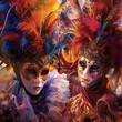 A vibrant carnival masquerade scene comes alive with colorful costumes, elaborate masks adorned with feathers and jewels, and an atmosphere of joyous celebration