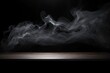 black background with a wooden table and smoke. Space for product presentation, studio shot, photorealistic