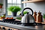Fototapeta  - A metal kettle stands on a gas stove with the gas turned on in the kitchen against the background of a window 