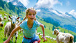 Young girl running through field of sheep with mountains in the background.
