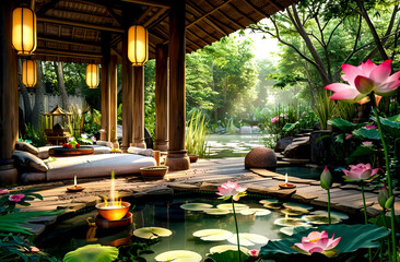 Wall Mural - Room filled with lots of water lilies next to covered patio.