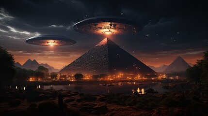 Egyptian pyramids and UFO, futuristic illustration