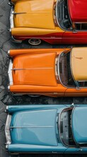 Several Vintage Cars On A Concrete Background. Vintage Transport And Collectible Car Concept. Design For Poster, Banner With Place For Text.Top View
