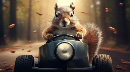  A squirrel is racing at speed in a racing car