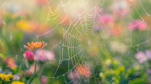 A Vibrant Depiction Of A Gossamer Veil Over A Colorful Meadow With Dew, Ideal For Use In Vibrant Digital Backgrounds Or Environmental Awareness Campaigns