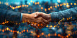 © Gonzalo - Successful business merger handshake with upward graphs symbolizing growth and teamwork in a corporate cityscape