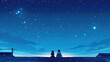 Two individuals stand on a roof, gazing up at the night sky filled with twinkling stars