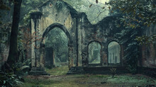 A Painting Depicting An Old Building Nestled Within A Dense Forest, Showcasing The Architectural Details Against The Natural Backdrop