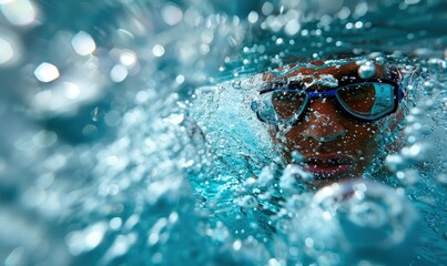 Abstract image of a swimmer diving into crystal clear water, bubbles and ripples visible