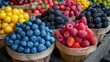 Creative composition of antioxidant-rich fruits on display at a farmers market, vibrant and colorful
