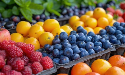 Wall Mural - Creative composition of antioxidant-rich fruits on display at a farmers market, vibrant and colorful with a focus on freshness