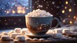 Digital illustration depicting a whimsical scene of a cup of hot chocolate adorned with marshmallows, nestled within a cozy winter setting. The cup, brimming with creamy chocolate, 