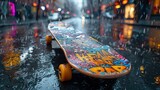 Fototapeta  - Skateboard deck covered in graffiti, urban street setting
