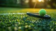 Tennis racket and ball on a vibrant green court, sun flare effect