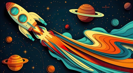 Wall Mural - rocket in a pastel dreamscape of stars and planets, for those who love space-themed artistic decor
