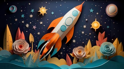 Wall Mural - rocket in a pastel dreamscape of stars and planets, for those who love space-themed artistic decor